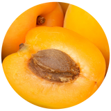 A close-up circular photo of ripe yellow-orange apricots, with one halved fruit showing the brown pit in the center against a white background.
