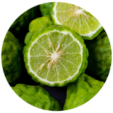 A close-up circular photo of bright green, bumpy Bergamot fruits, including one sliced cross-section showing the segmented pulp and white rind, surrounded by whole fruits on a dark background.