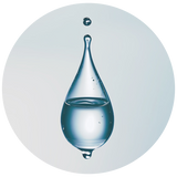 A 3D digital illustration of a clear glass teardrop droplet containing water, suspended with a smaller droplet above it, set against a circular light gray background.
