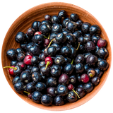 A close-up of a terracotta bowl filled with dark blue-black maqui berries mixed with a few red berries, isolated on a white background.